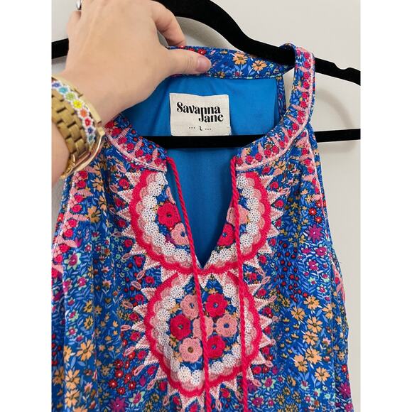 Savannah Jane Small Shop Vibrant Blue Floral Summer Shift Dress w/ Embroidery L‎ - Picture 3 of 6
